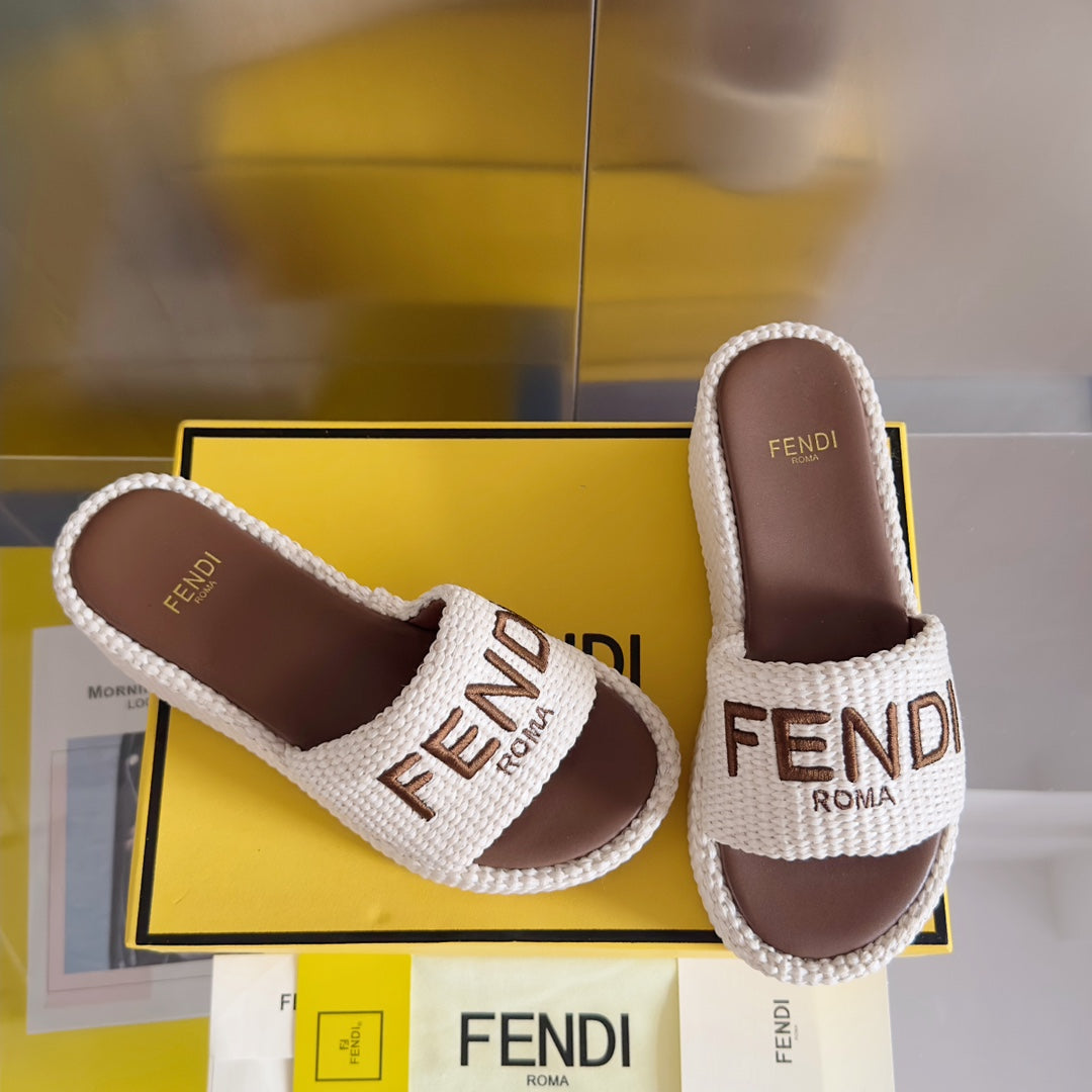 FENDI PLATFORM WEDGES IN WHITE RAFFIA WITH BROWN EMBROIDERED LOGO