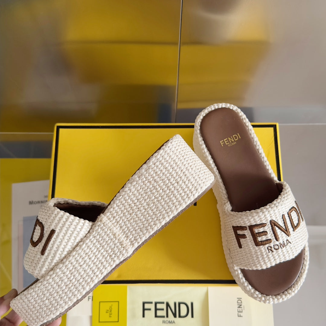 FENDI PLATFORM WEDGES IN WHITE RAFFIA WITH BROWN EMBROIDERED LOGO