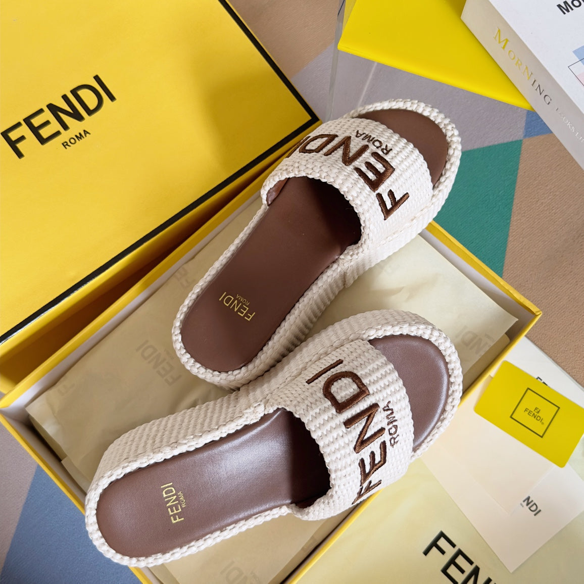 FENDI PLATFORM WEDGES IN WHITE RAFFIA WITH BROWN EMBROIDERED LOGO