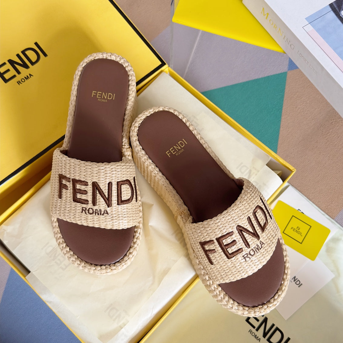 FENDI PLATFORM WEDGES IN BEIGE RAFFIA WITH BROWN EMBROIDERED LOGO