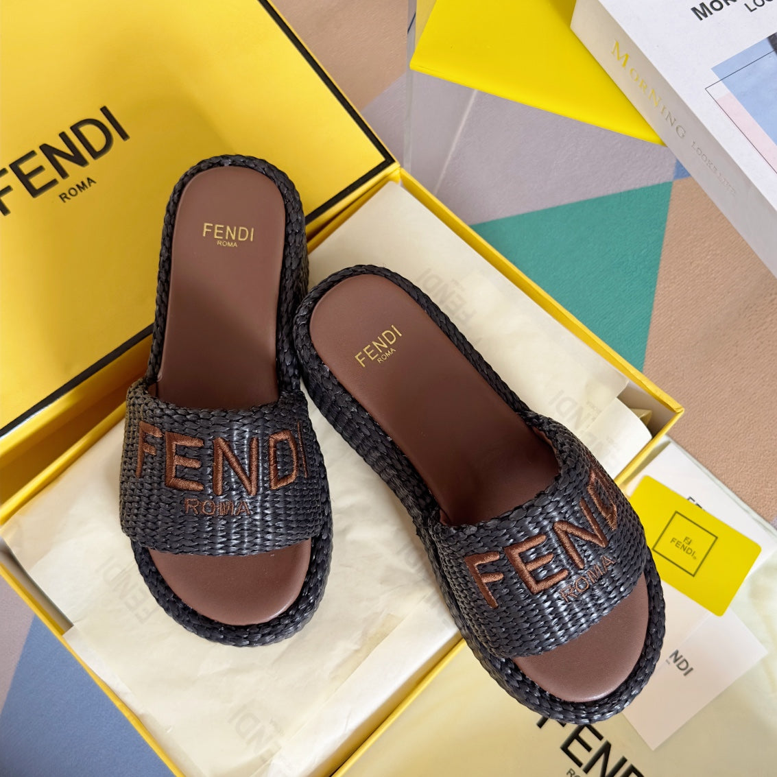FENDI PLATFORM WEDGES IN BLACK MIX CHOCOLATE BROWN RAFFIA