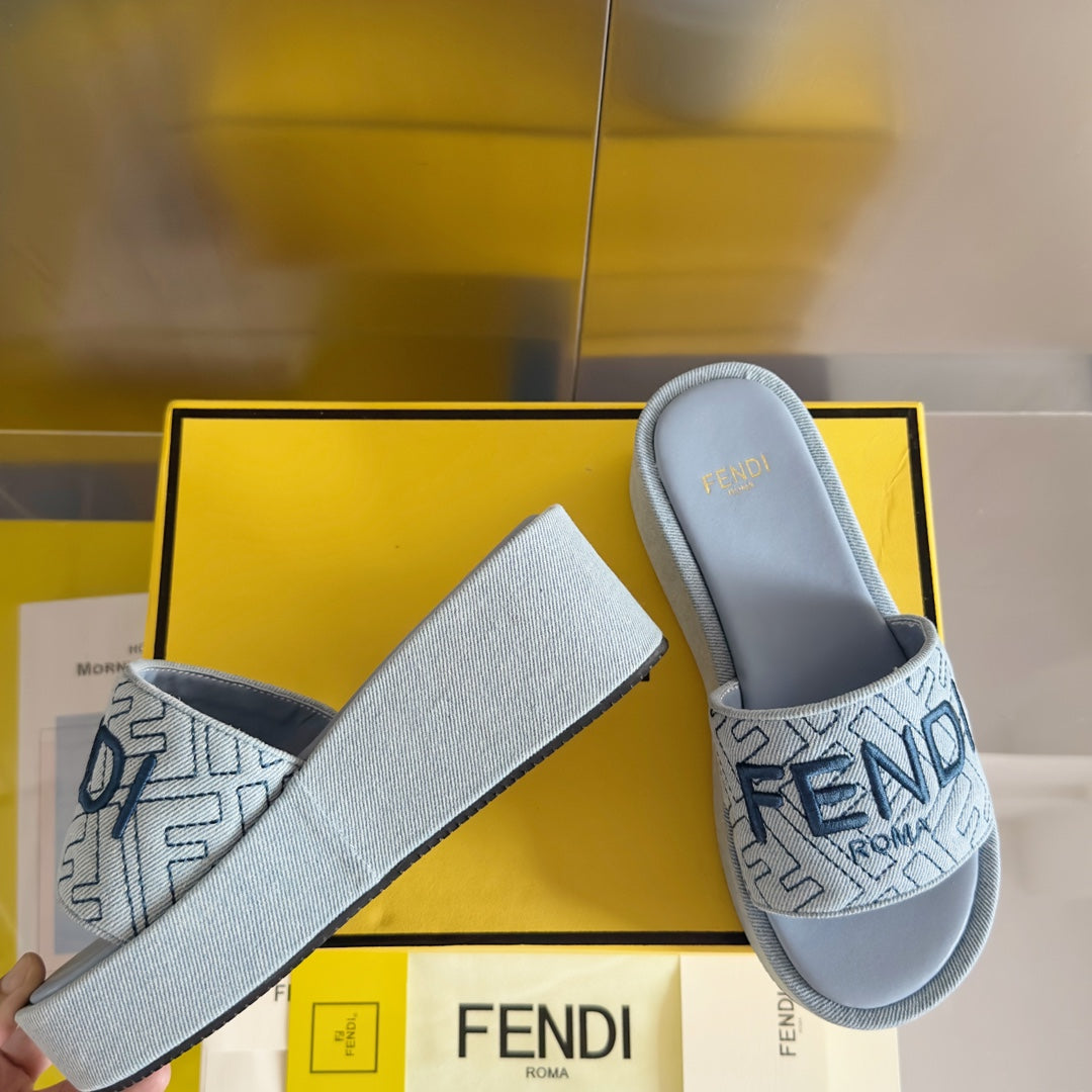 FENDI PLATFORM WEDGES IN PIGEON BLUE JACQUARD FABRIC WITH EMBROIDERED LOGO
