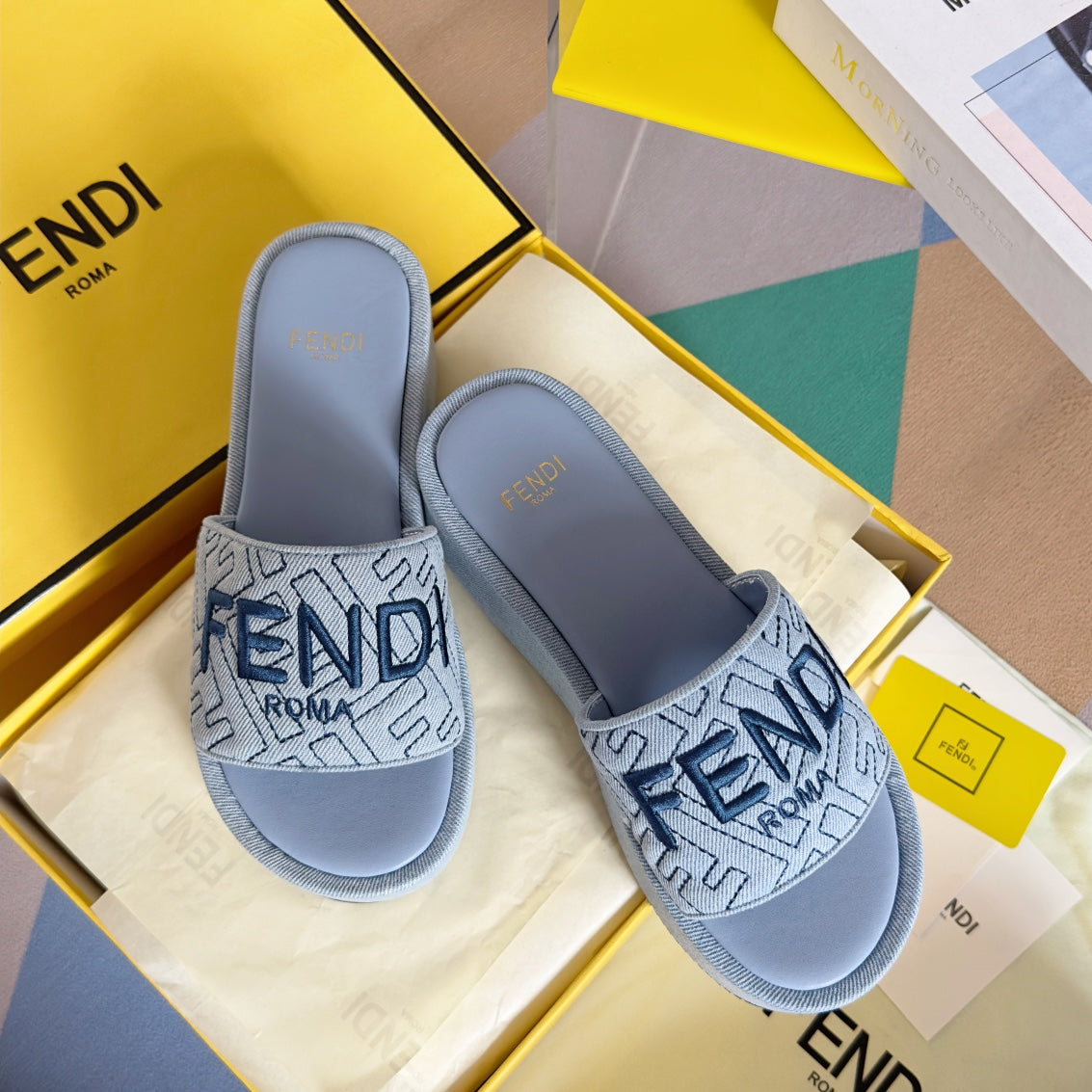 FENDI PLATFORM WEDGES IN PIGEON BLUE JACQUARD FABRIC WITH EMBROIDERED LOGO