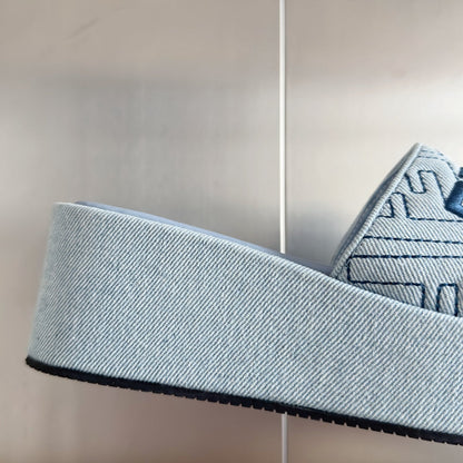 FENDI PLATFORM WEDGES IN PIGEON BLUE JACQUARD FABRIC WITH EMBROIDERED LOGO