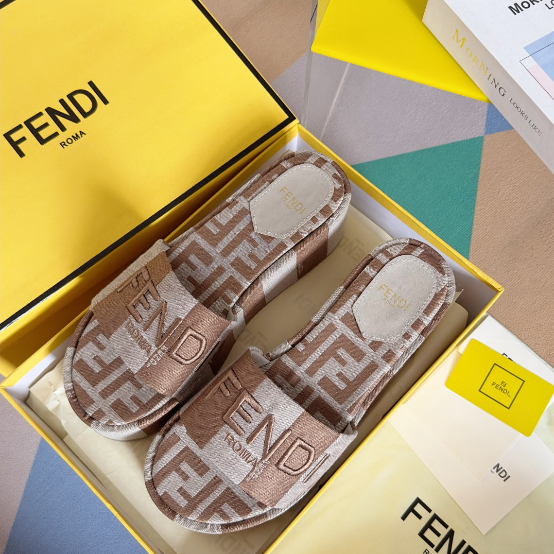 FENDI PLATFORM WEDGES IN ASH BROWN MIX WHITE FF MONOGRAM FABRIC