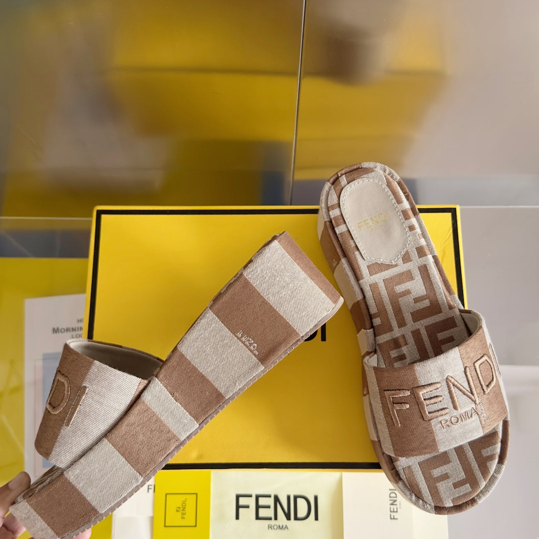 FENDI PLATFORM WEDGES IN ASH BROWN MIX WHITE FF MONOGRAM FABRIC