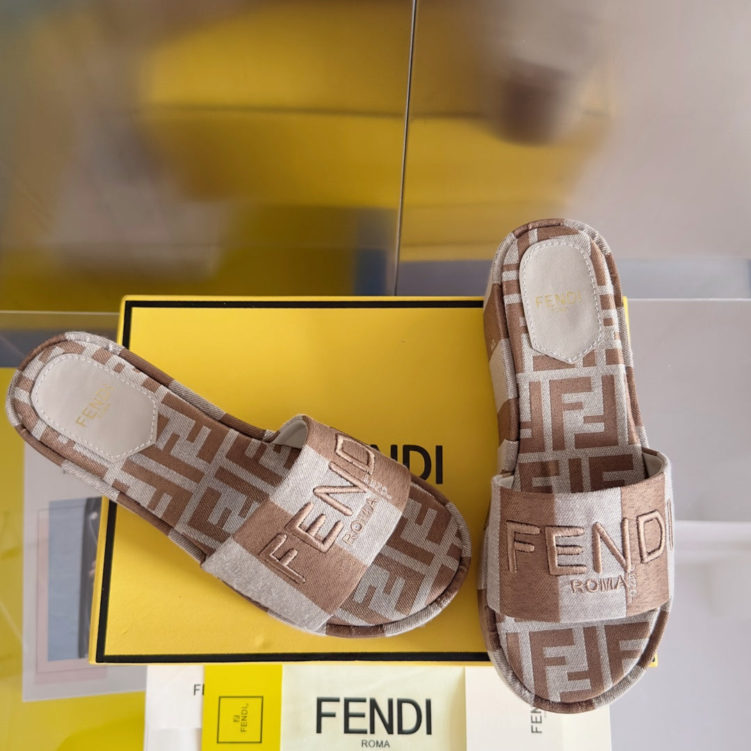 FENDI PLATFORM WEDGES IN ASH BROWN MIX WHITE FF MONOGRAM FABRIC