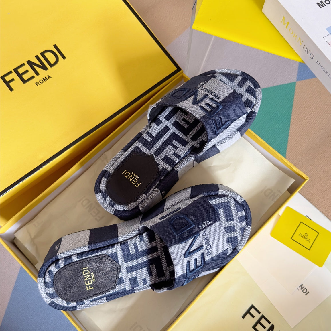 FENDI PLATFORM WEDGES IN AEGEAN BLUE MIX WHITE FF MONOGRAM FABRIC