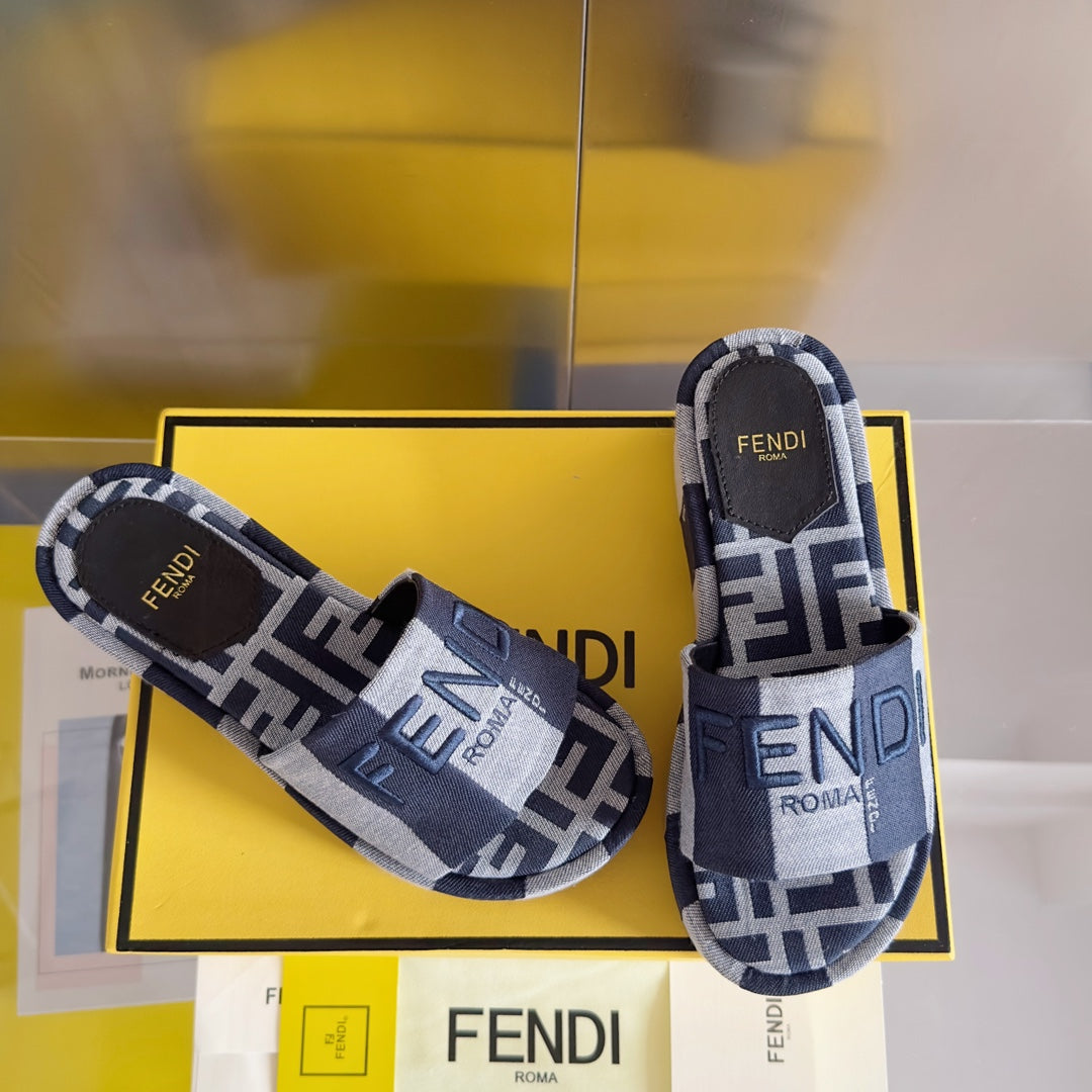 FENDI PLATFORM WEDGES IN AEGEAN BLUE MIX WHITE FF MONOGRAM FABRIC