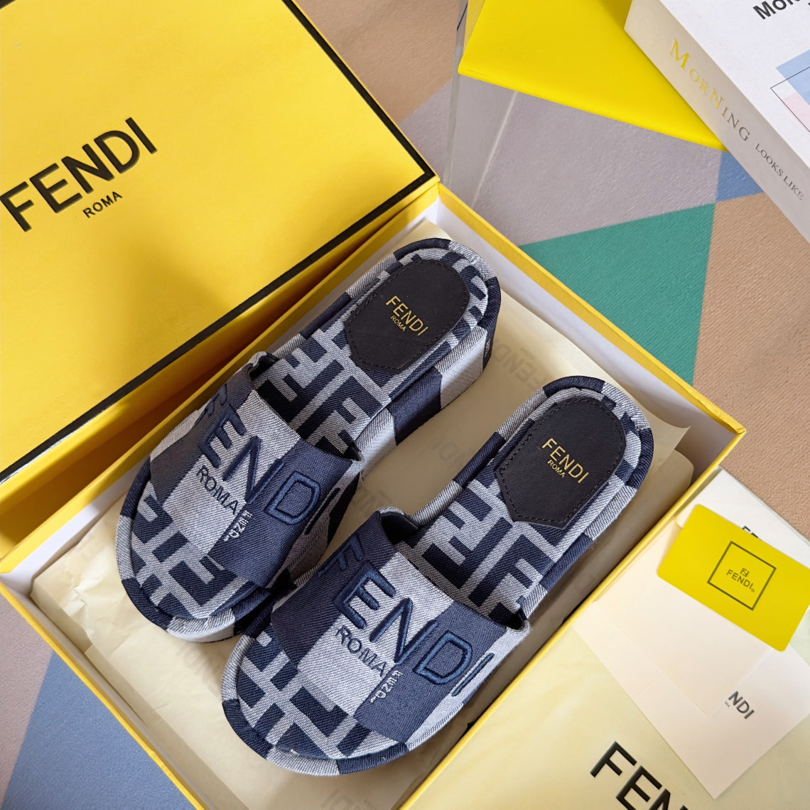 FENDI PLATFORM WEDGES IN AEGEAN BLUE MIX WHITE FF MONOGRAM FABRIC