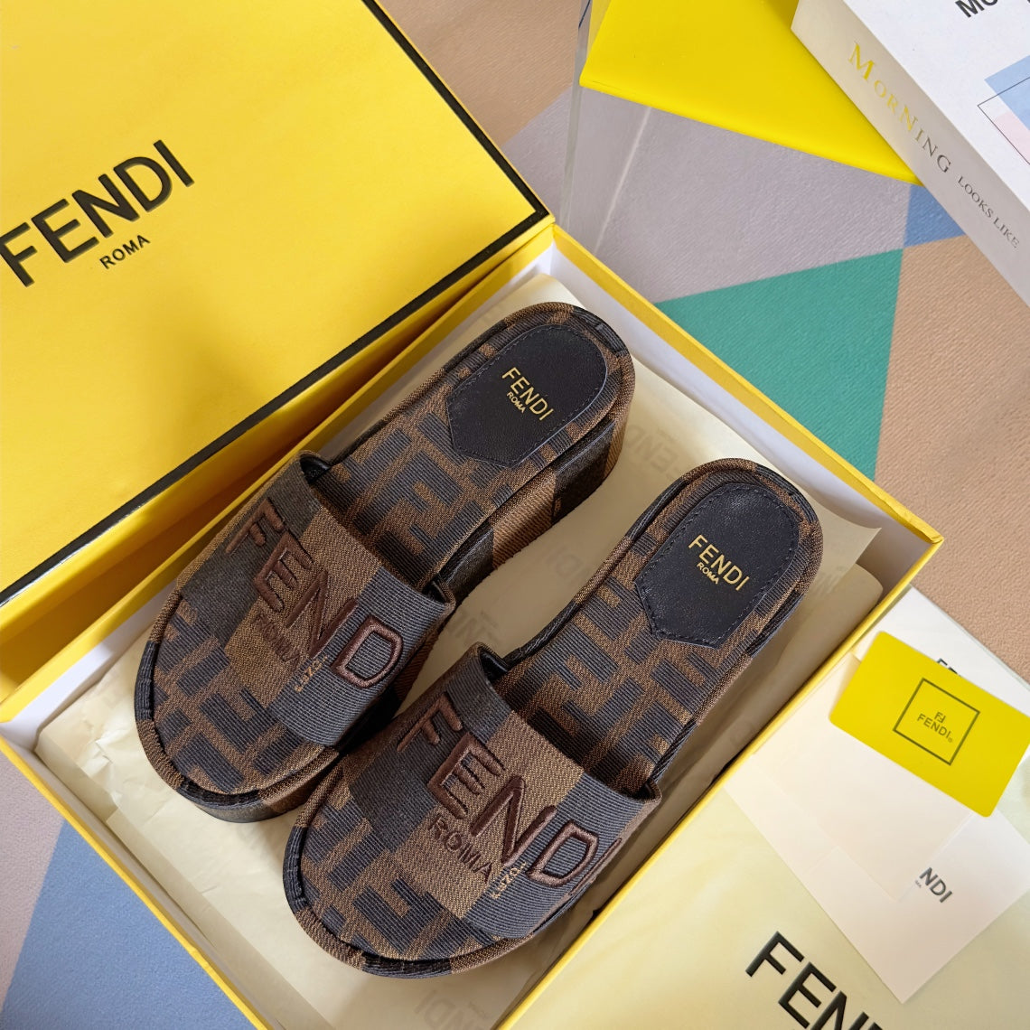 FENDI PLATFORM WEDGES IN CHOCOLATE BROWN FF MONOGRAM FABRIC