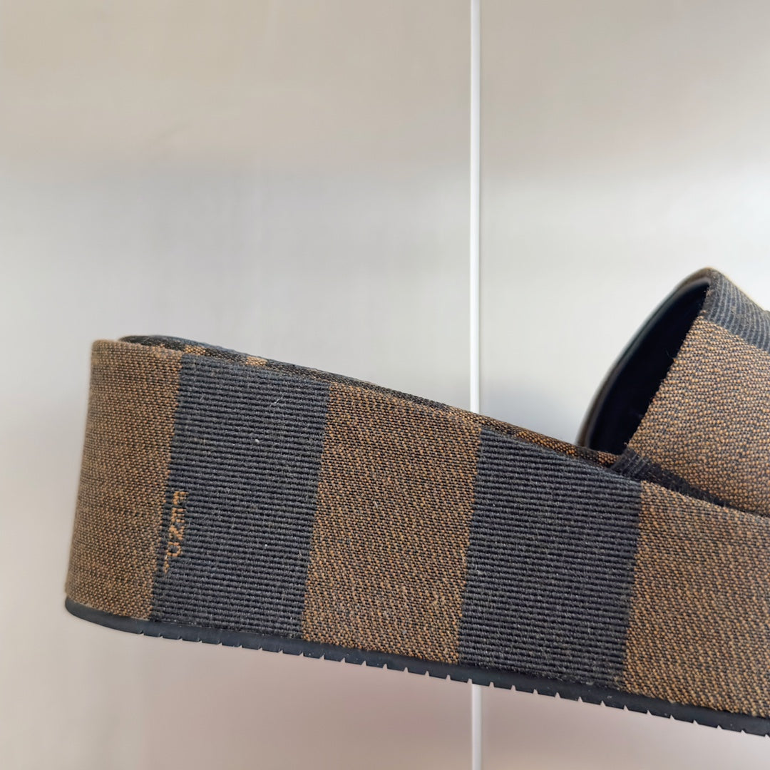 FENDI PLATFORM WEDGES IN CHOCOLATE BROWN FF MONOGRAM FABRIC