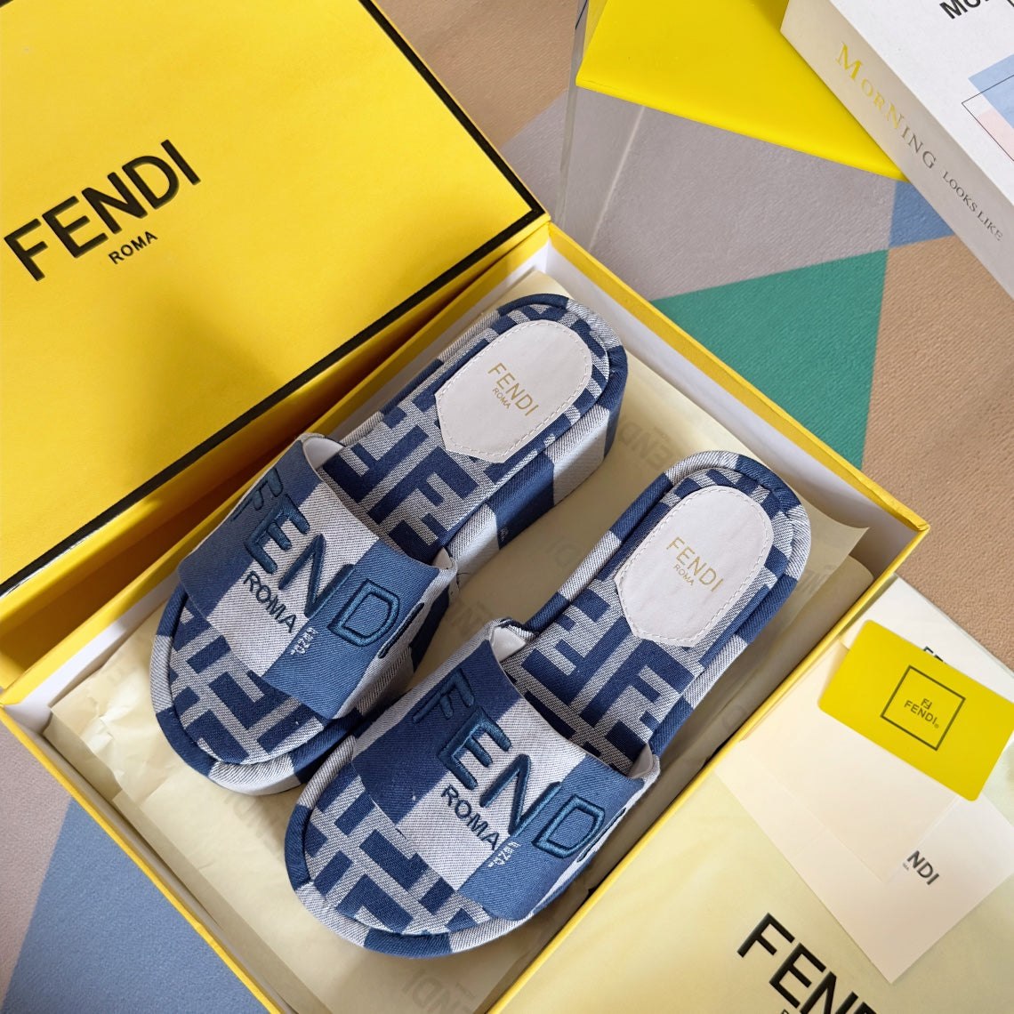 FENDI PLATFORM WEDGES IN NAVY BLUE MIX BEIGE FF MONOGRAM FABRIC