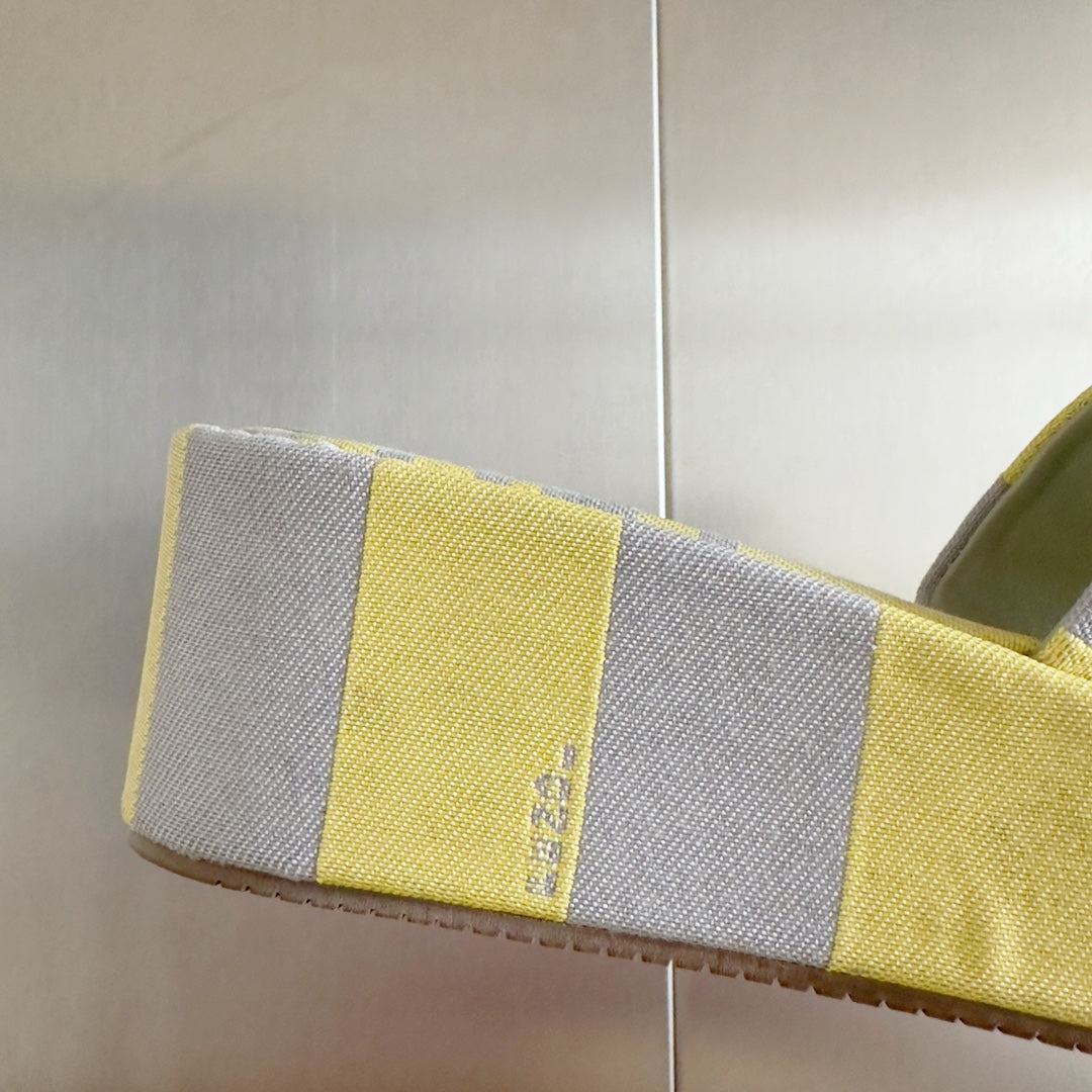 FENDI PLATFORM WEDGES IN LIGHT YELLOW MIX GREY FF MONOGRAM FABRIC