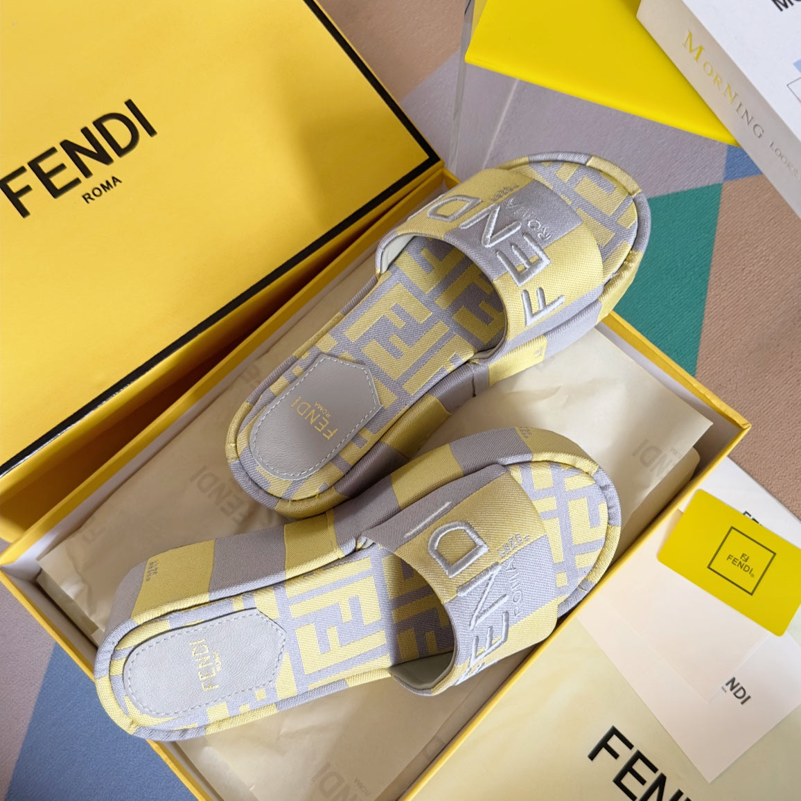 FENDI PLATFORM WEDGES IN LIGHT YELLOW MIX GREY FF MONOGRAM FABRIC