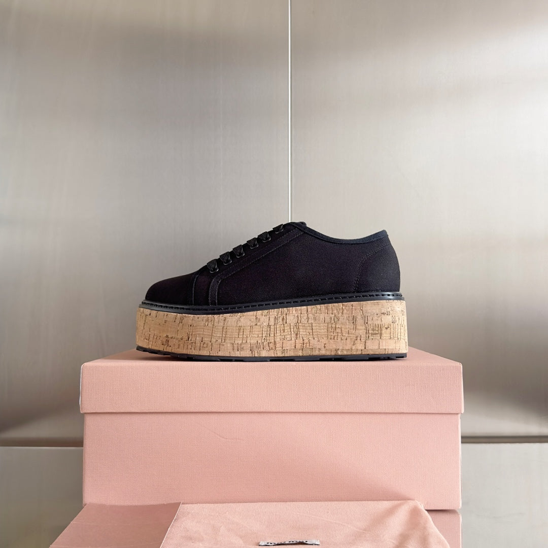 Lace - up Platform Shoes Black Canvas