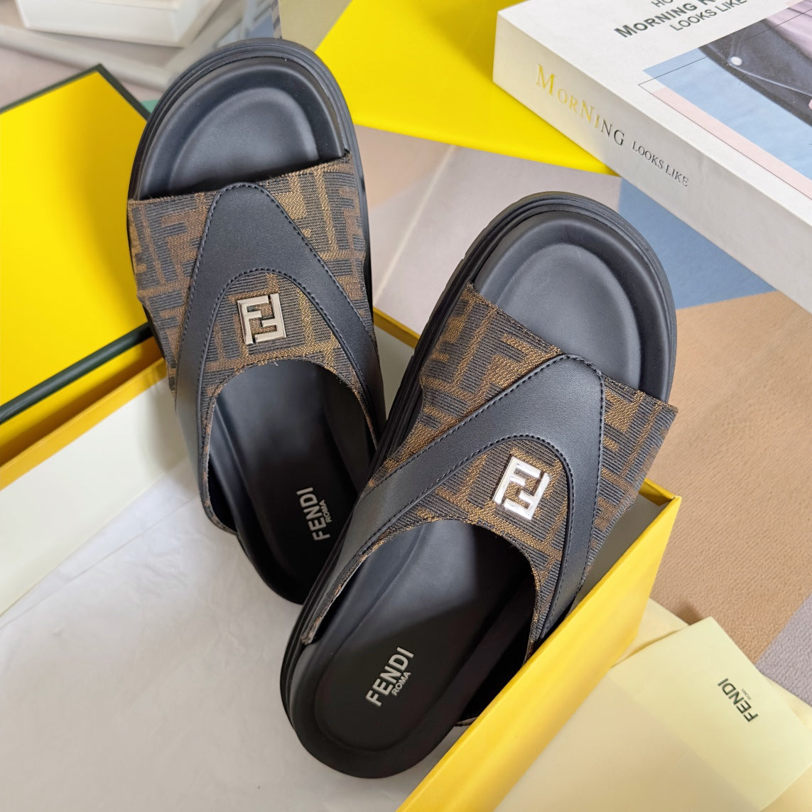 FENDI DIAGONAL ONE-STRAP SLIDE IN BLACK MIX BROWN MONOGRAM CALFSKIN