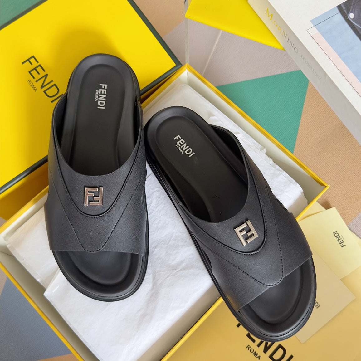FENDI DIAGONAL ONE-STRAP SLIDE IN BLACK CALFSKIN AND RUBBER