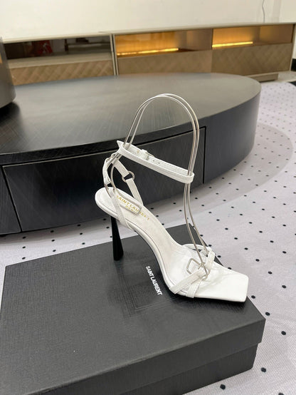 SL ANKLE-BUCKLE HEELED SANDALS WHITE CALFSKIN