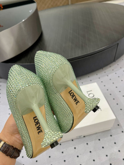 Loew pump 100 in suede and allover rhinestones pastel green