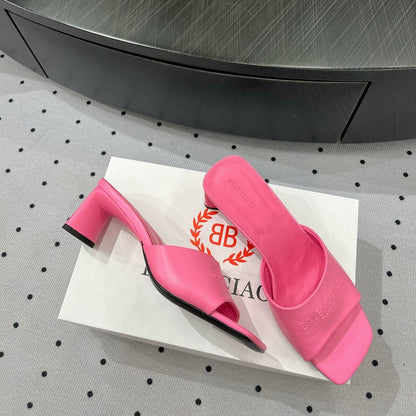 SQUARE-TOE MEDIUM HEEL MULES IN PINK CALFSKIN LOGO EMBOSSED