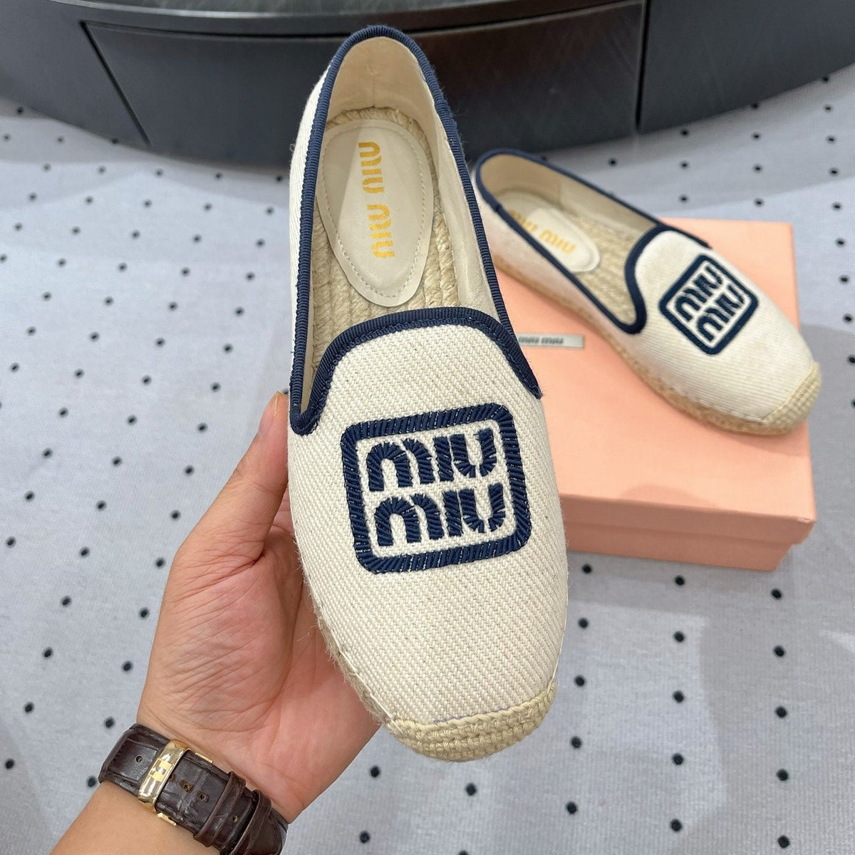 Loafer Shoes Ivory With Navy Border Fabric linen