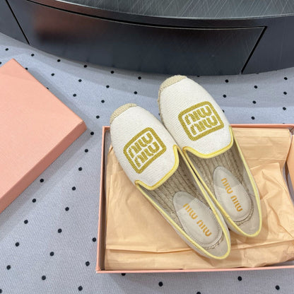 Loafer Shoes Ivory With Yellow Border Fabric Linen