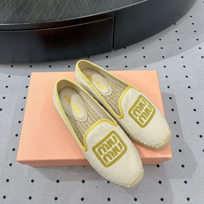 Loafer Shoes Ivory With Yellow Border Fabric Linen