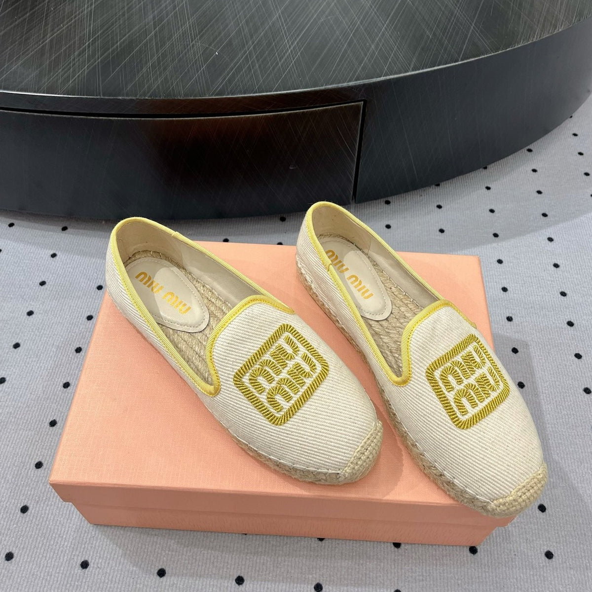 Loafer Shoes Ivory With Yellow Border Fabric Linen