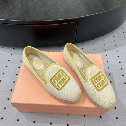 Loafer Shoes Ivory With Yellow Border Fabric Linen