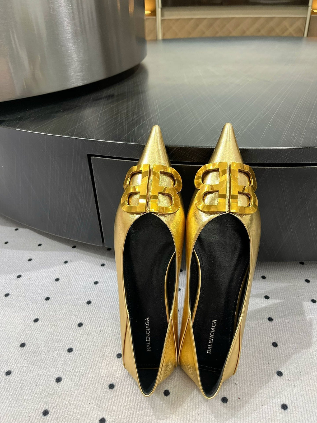 POINTED BB GOLD BUCKLE BALLET FLAT IN GOLD METALLIC SHINY CALFSKIN