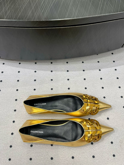 POINTED BB GOLD BUCKLE BALLET FLAT IN GOLD METALLIC SHINY CALFSKIN