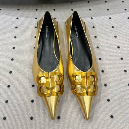 POINTED BB GOLD BUCKLE BALLET FLAT IN GOLD METALLIC SHINY CALFSKIN