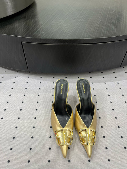 POINTED BB GOLD BUCKLE HEELED SLINGBACK IN GOLD METALLIC SHINY CALFSKIN