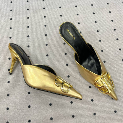 POINTED BB GOLD BUCKLE HEELED SLINGBACK IN GOLD METALLIC SHINY CALFSKIN