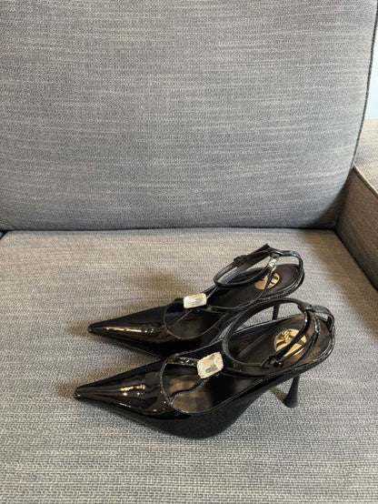 HIGH SANDAL ATTACHED GEM IN BLACK GLOSSY CALFSKIN