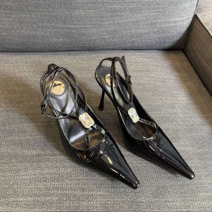 HIGH SANDAL ATTACHED GEM IN BLACK GLOSSY CALFSKIN