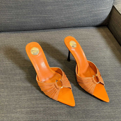 LOLA HIGH MULES IN TANGELO ORANGE SMOOTH LAMBSKIN AND DRAPED JERSEY