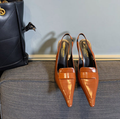 POINTED-TOE SLINGBACK PUMPS IN TANGERINE ORANGE SHINY CALFSKIN