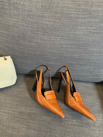 POINTED-TOE SLINGBACK PUMPS IN TANGERINE ORANGE SHINY CALFSKIN