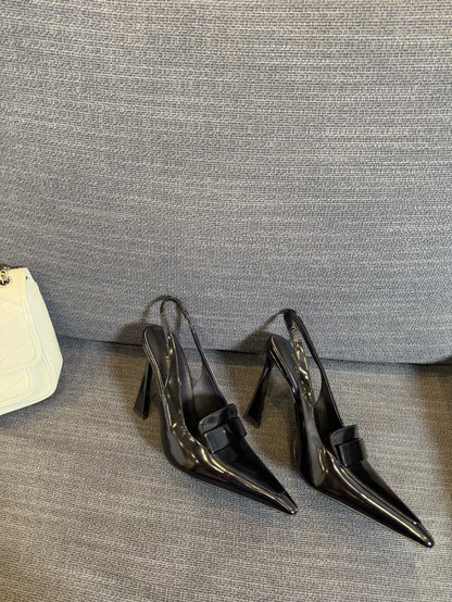 POINTED-TOE SLINGBACK PUMPS IN BLACK SHINY CALFSKIN