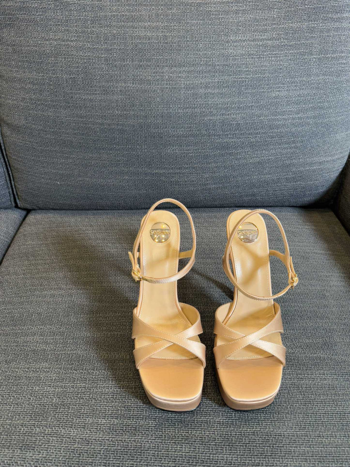DEBBIE PLATFORM SANDALS IN BEIGE SATIN