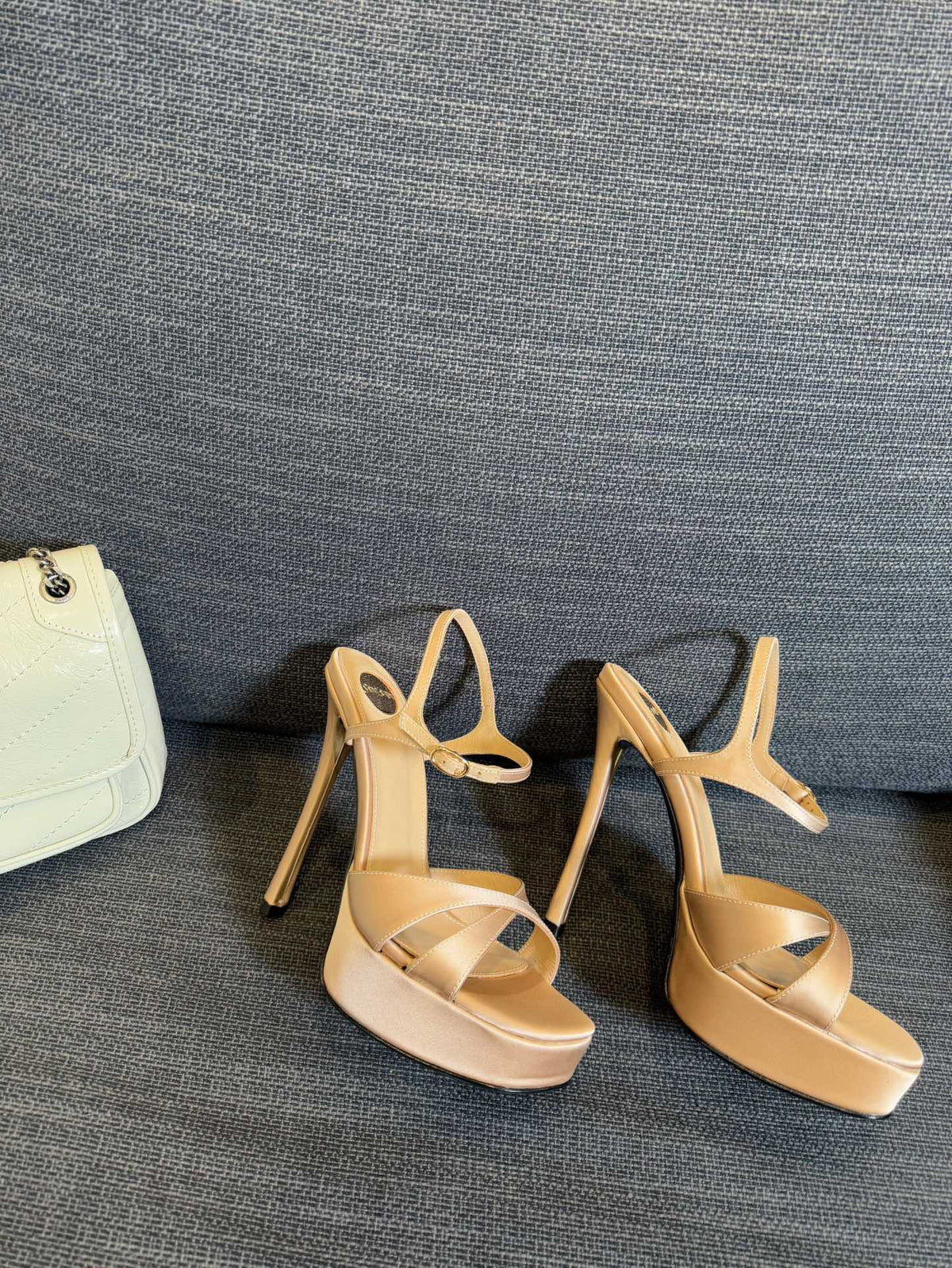 DEBBIE PLATFORM SANDALS IN BEIGE SATIN