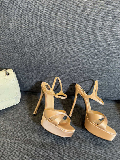 DEBBIE PLATFORM SANDALS IN BEIGE SATIN