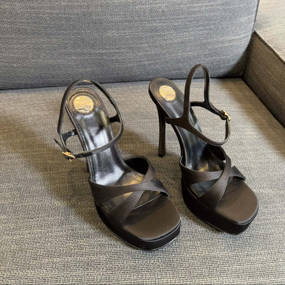DEBBIE PLATFORM SANDALS IN BLACK SATIN