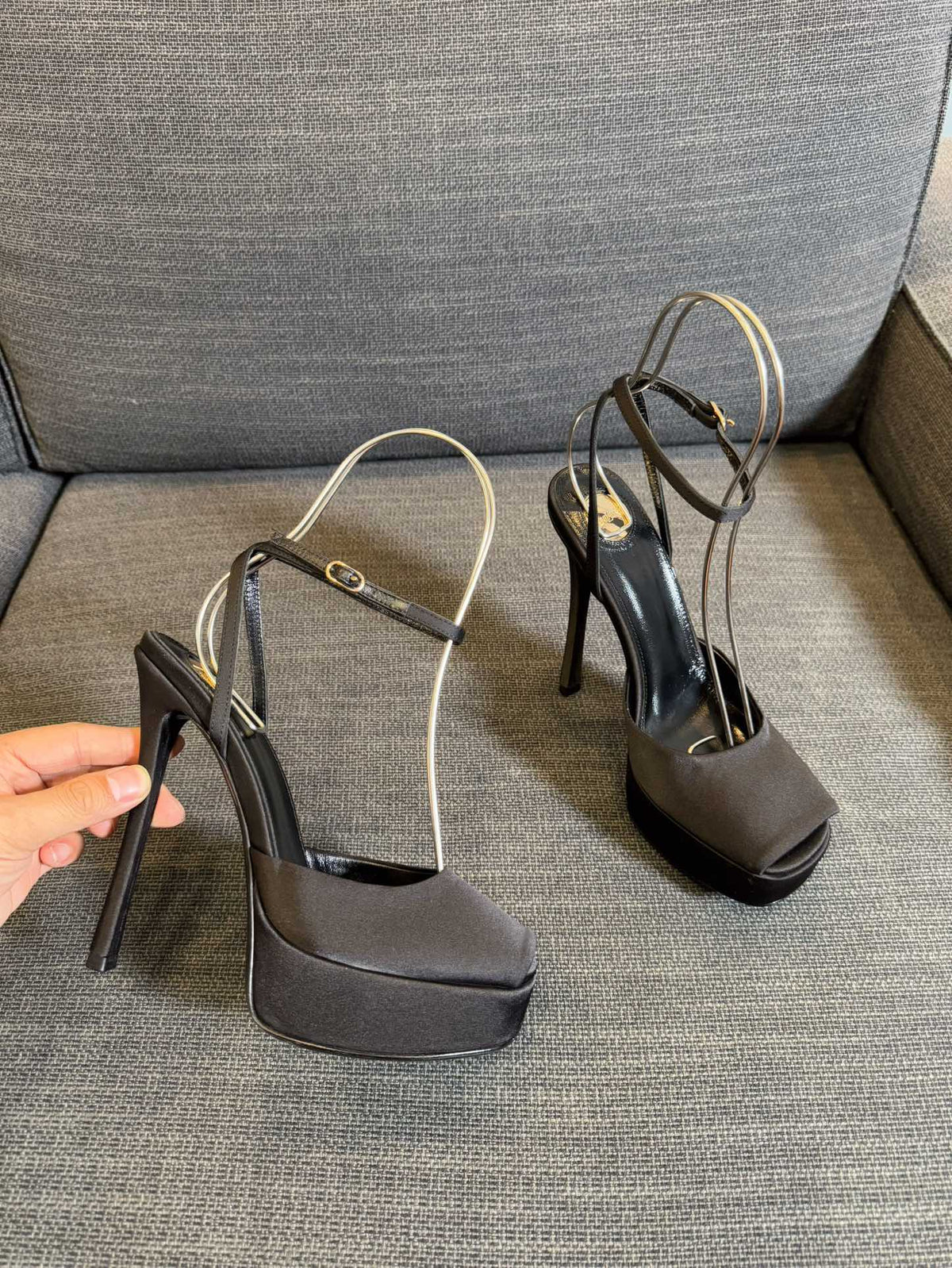 LA SCANDALE PLATFORM SANDALS IN TAUPE BROWN SATIN