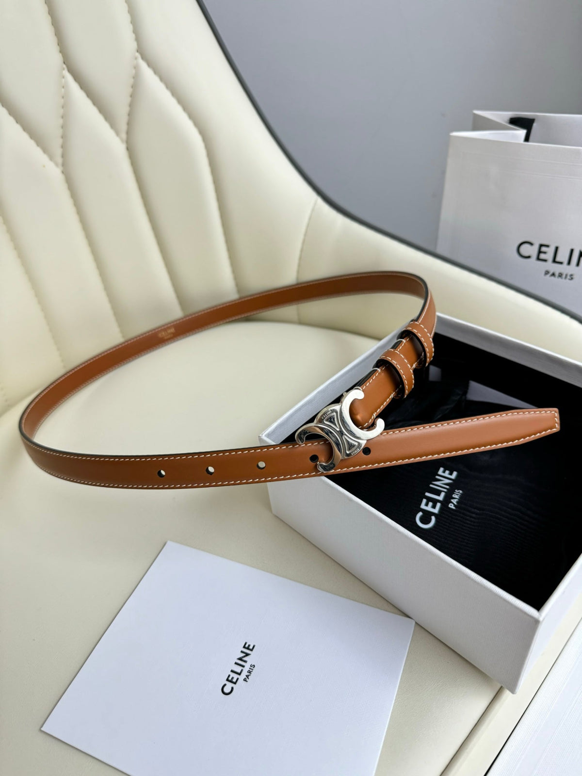 SMALL TRIOMPHE BELT 18 MM BRONZE BROWN LEATHER SILVER HARDWARE