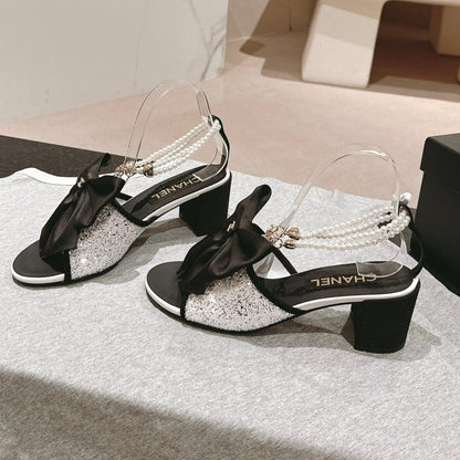 HIGH SANDAL WITH PEARL CHAIN BLACK LAMBSKIN WITH WHITE RHINESTONES