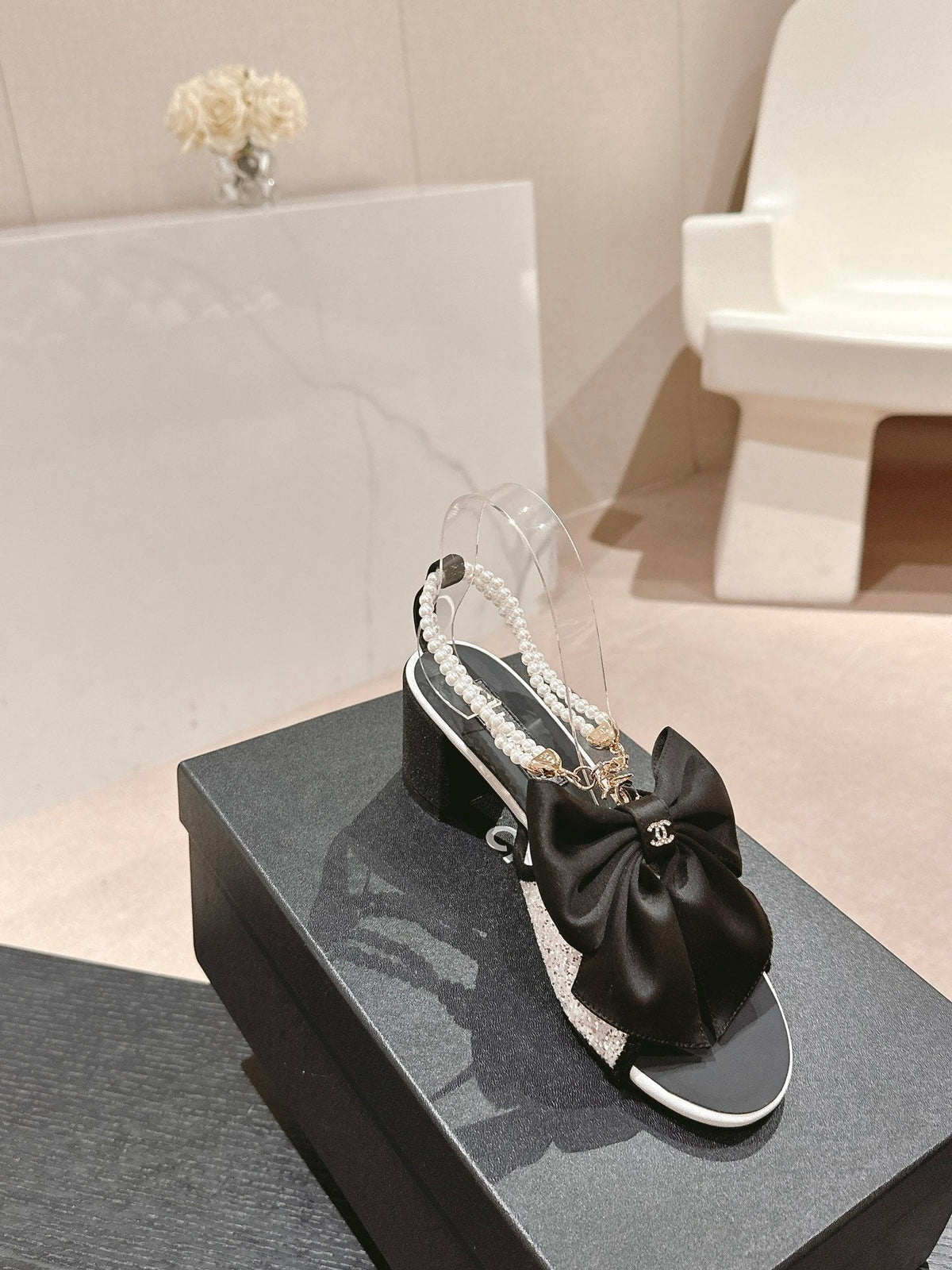 HIGH SANDAL WITH PEARL CHAIN BLACK LAMBSKIN WITH WHITE RHINESTONES