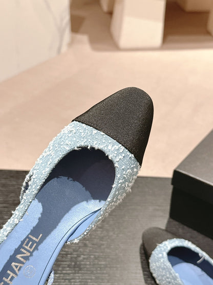 SLINGBACKS IN LIGHT BLUE DENIM AND BLACK SATIN
